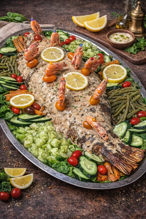 Poisson au four avec légumes sautés – Traiteur Sadak Casablanca